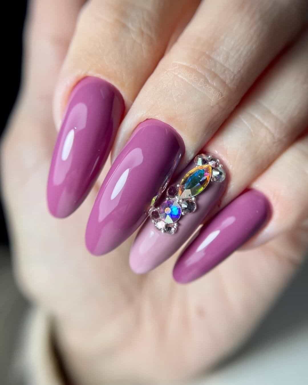 Oval Purple Nail Designs With Diamonds