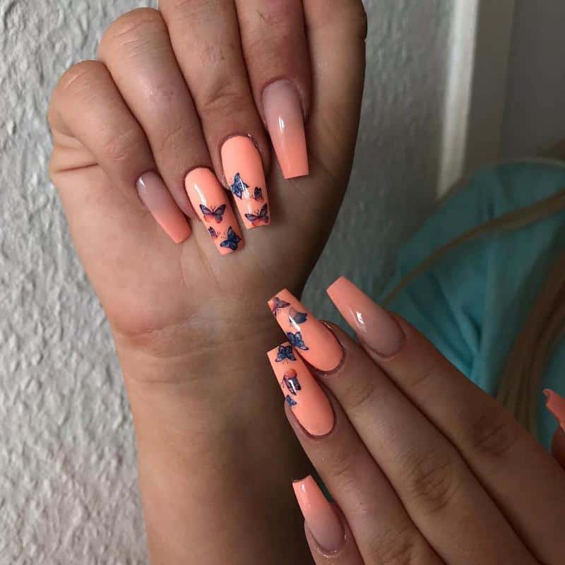 36 Butterfly Nail Designs Ideas That Will Make Your Heart Twinkle 19 Peach-Ombré Butterfly Nails