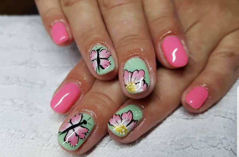 Pink And Light Green Nails Colors With Butterflies