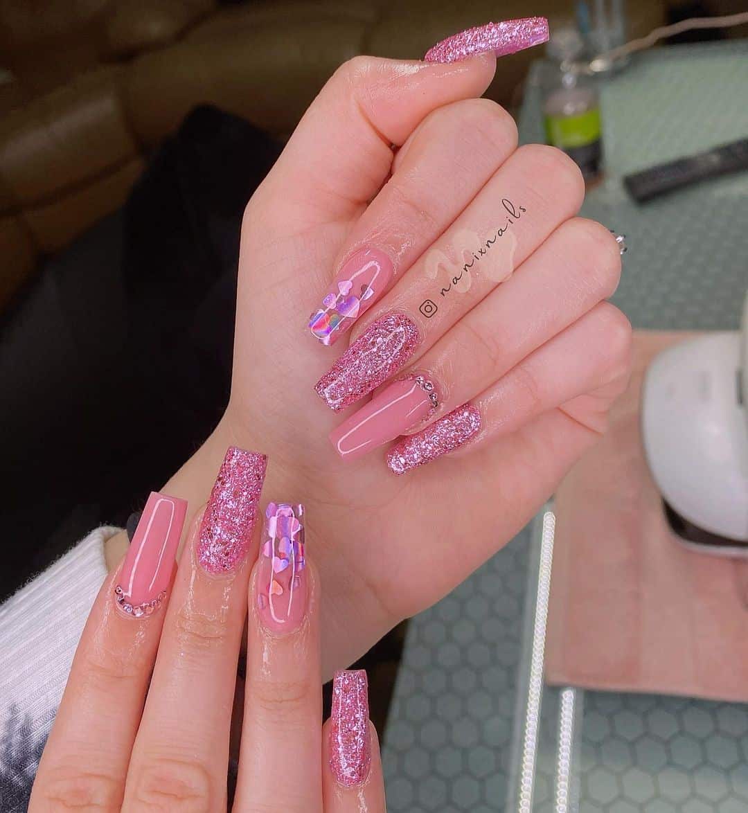 Pink Glitter & Gemstone Manicure