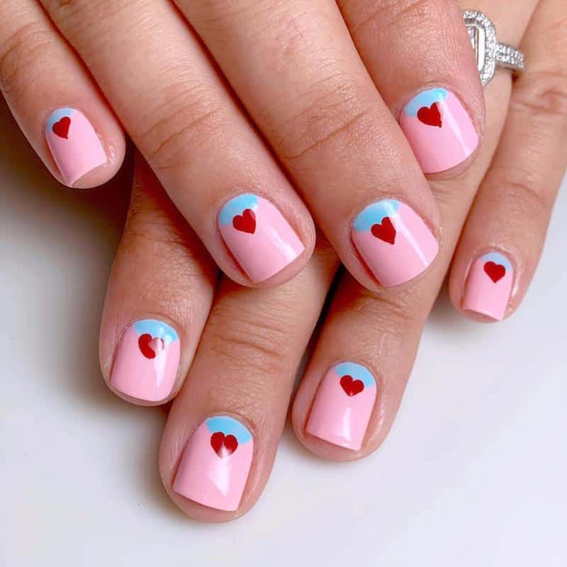 50 Heart Nail Art Ideas That Feeling Romantic 7 Pink and A Hint of Blue With Red Hearts