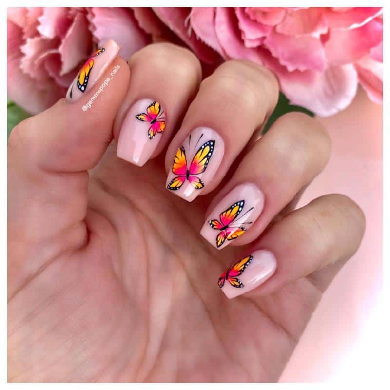 Pink and Yellow Butterfly Nails