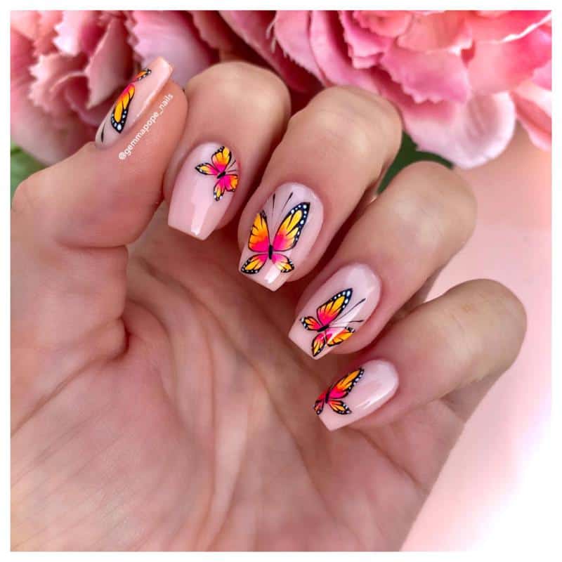 36 Butterfly Nail Designs Ideas That Will Make Your Heart Twinkle 12 Pink and Yellow Butterfly Nails