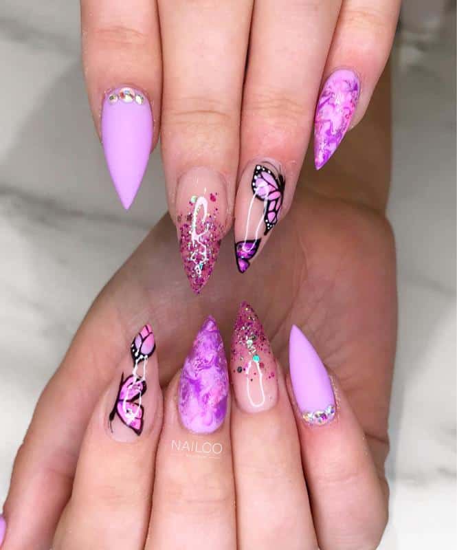 Purple And Pink, Butterfly Nails With Gems