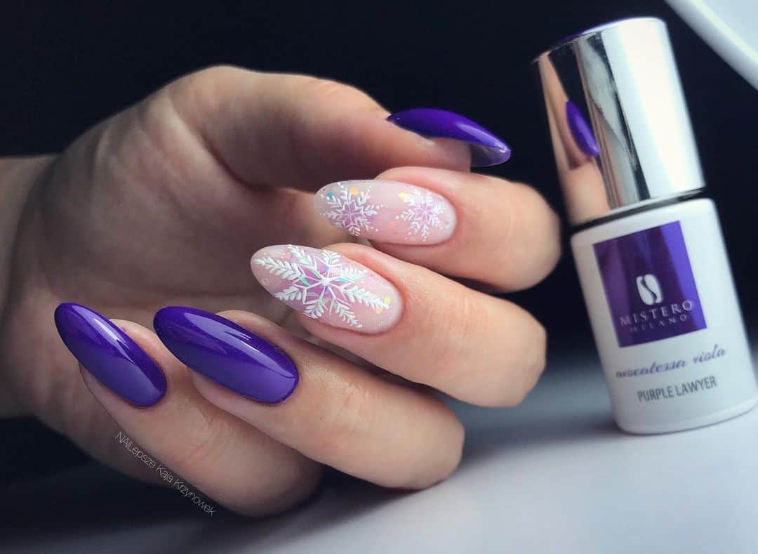 Purple Winter Nails With A Snowflake Detail