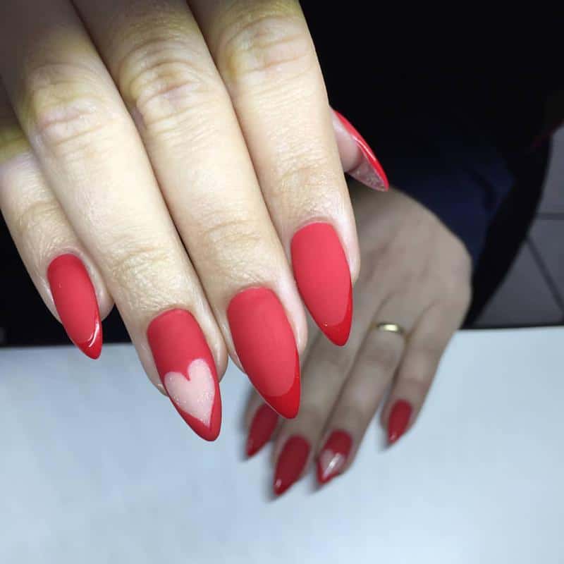 50 Heart Nail Art Ideas That Feeling Romantic 2 Red Nails with Nude Heart