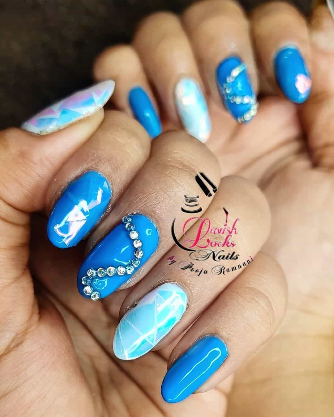 Short Blue Nail Designs With Diamonds