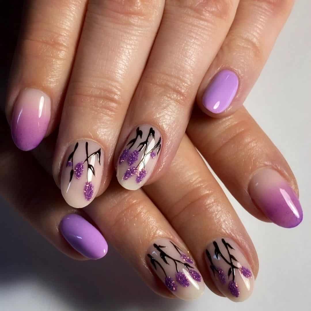 Short Floral Lavender Nail Designs