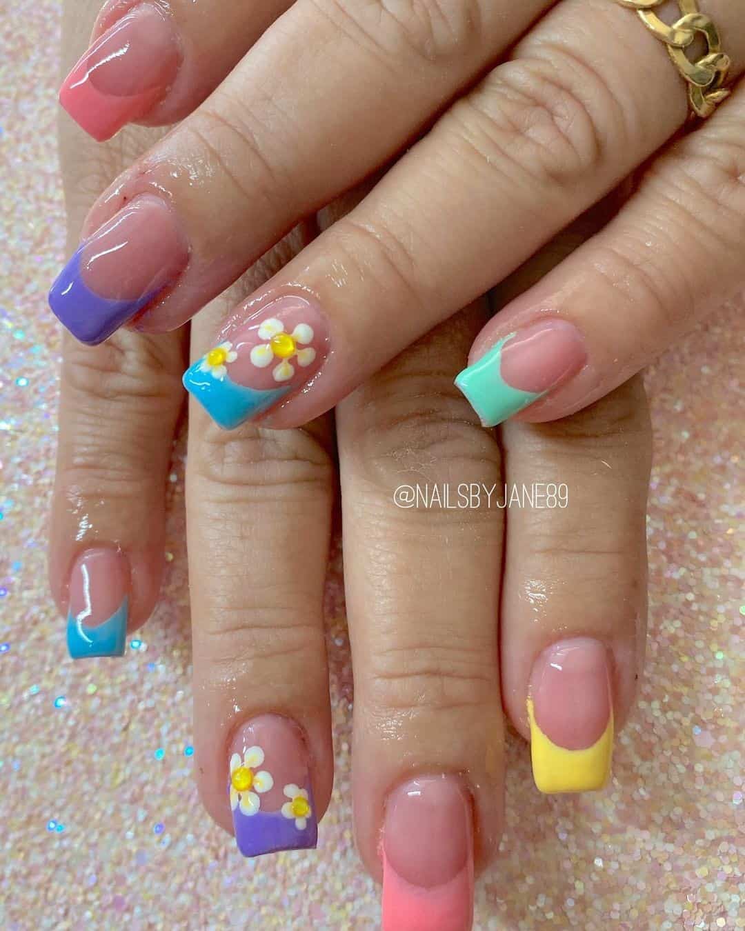 Short French Manicure Rainbow Design