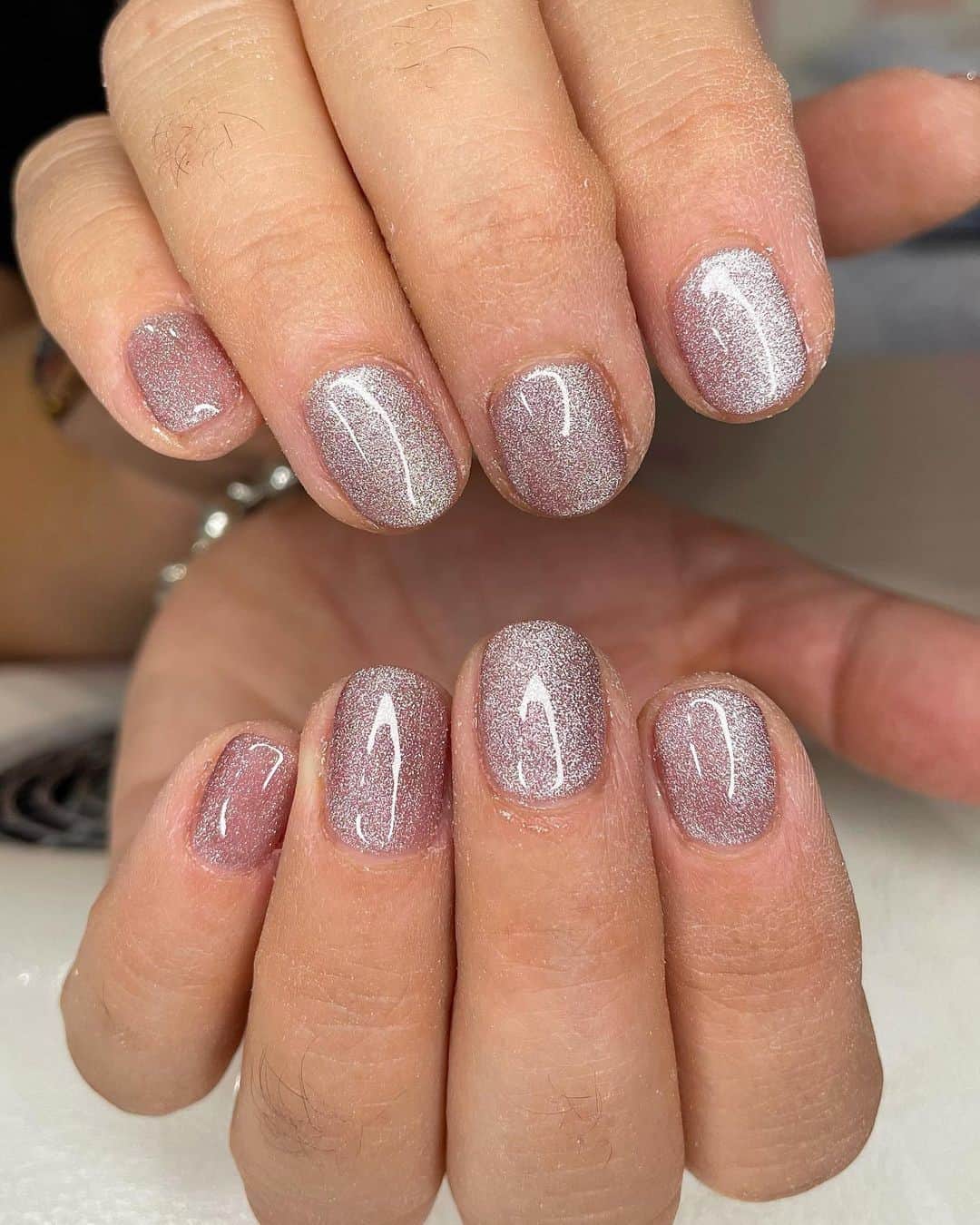 Silver Short Natural Glitter Manicure