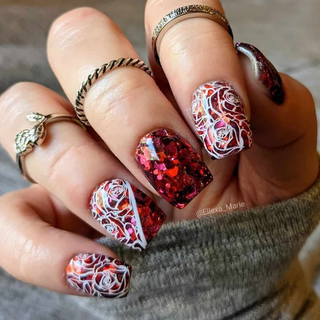 Square Shaped Red Glitter Nails