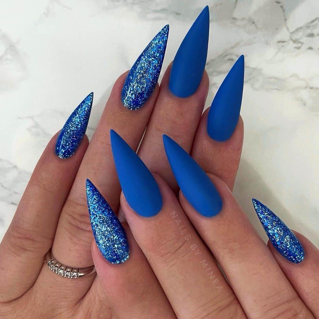 Stunning Royal Blue Nails With Glitter