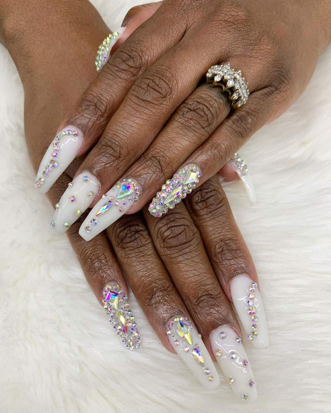 White Coffin Nail Designs With Diamonds