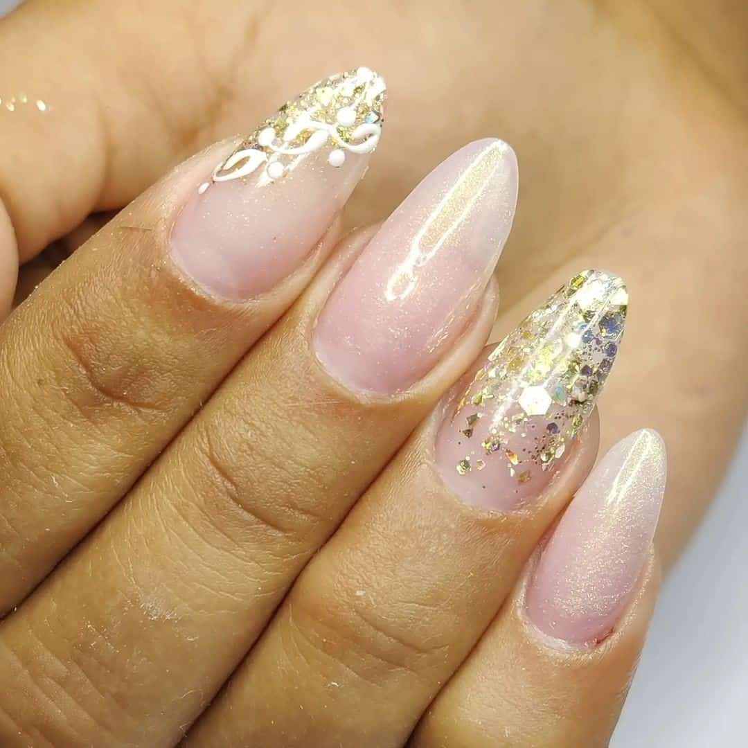 White & Gold Glitter Nails