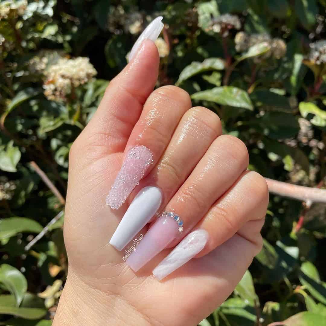 White & Pink Nail Designs With Diamonds
