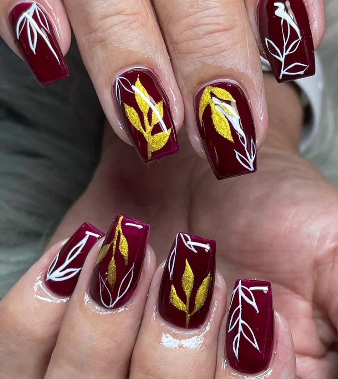 Yellow & Burgundy Nails 