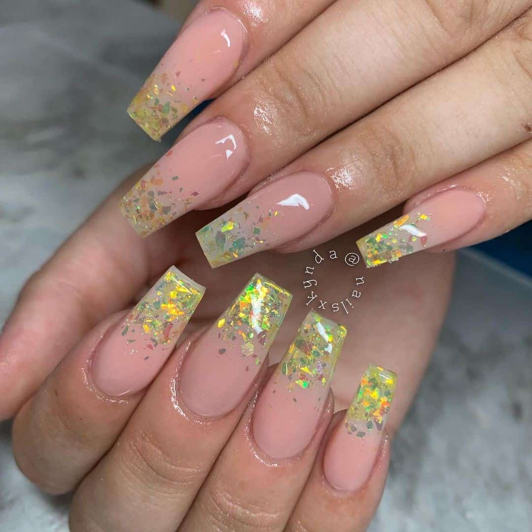 Yellow French Manicure With Top Portion Glitter