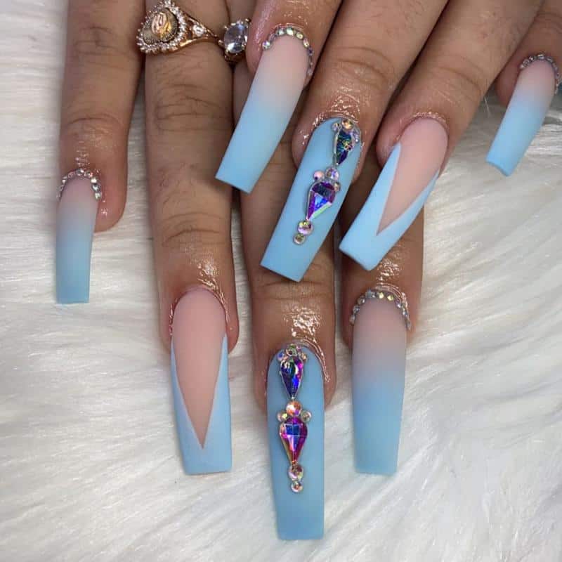 Baby Blue Rhinestones Nails