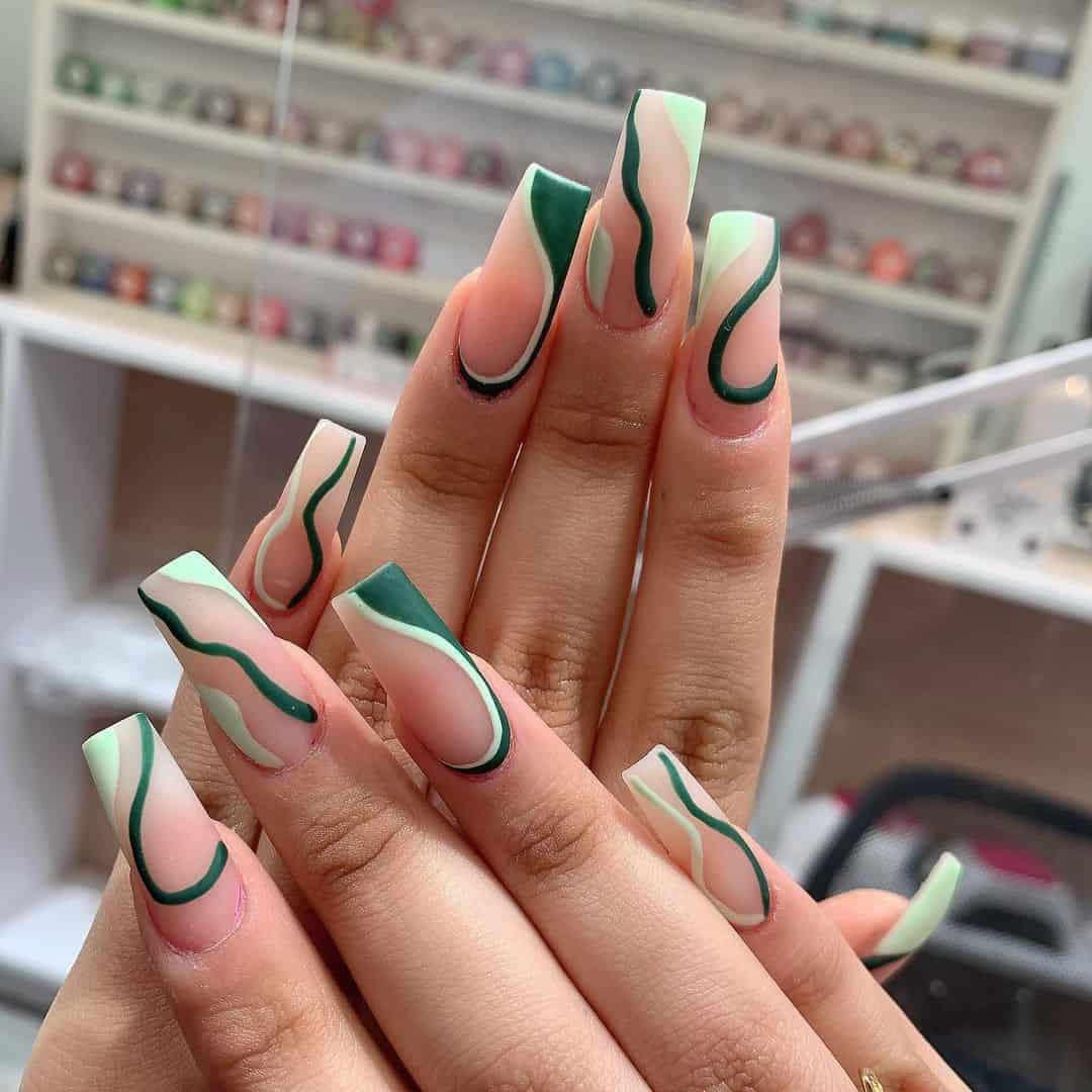 Cool Green Manicure With Line Art
