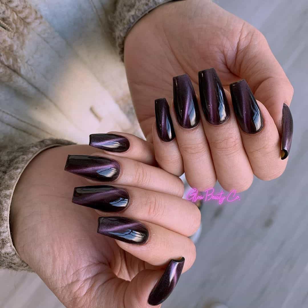 30+ Unique Cat Eye Nail Design Ideas 2022 (Short And Long) 22 Long Coffin Dark Brown & Purple Manicure
