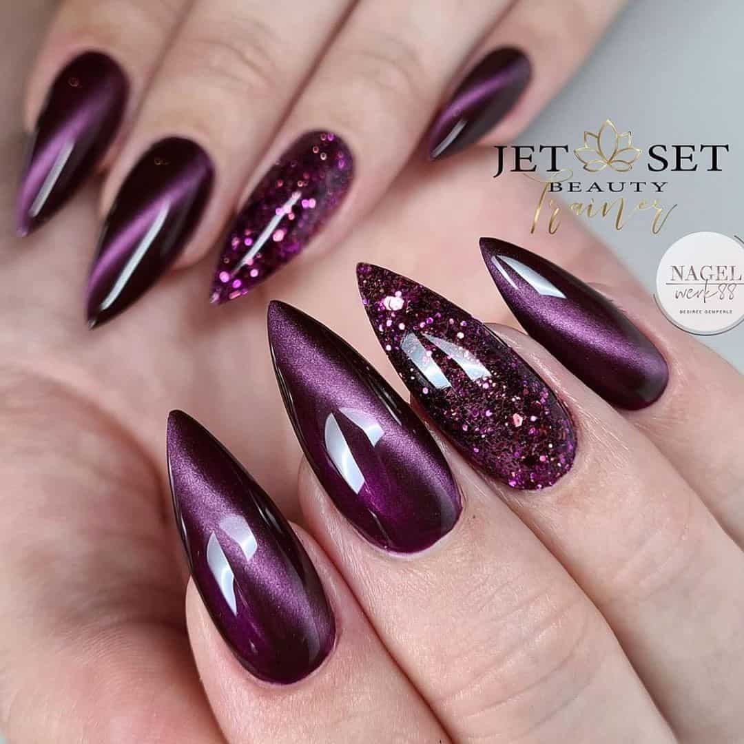 30+ Unique Cat Eye Nail Design Ideas 2022 (Short And Long) 18 Long Stiletto Burgundy Manicure