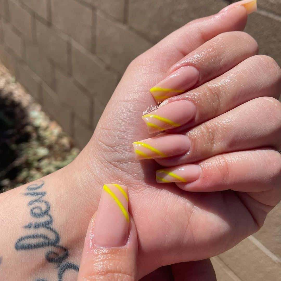 Long Yellow Nails With Cool Lines