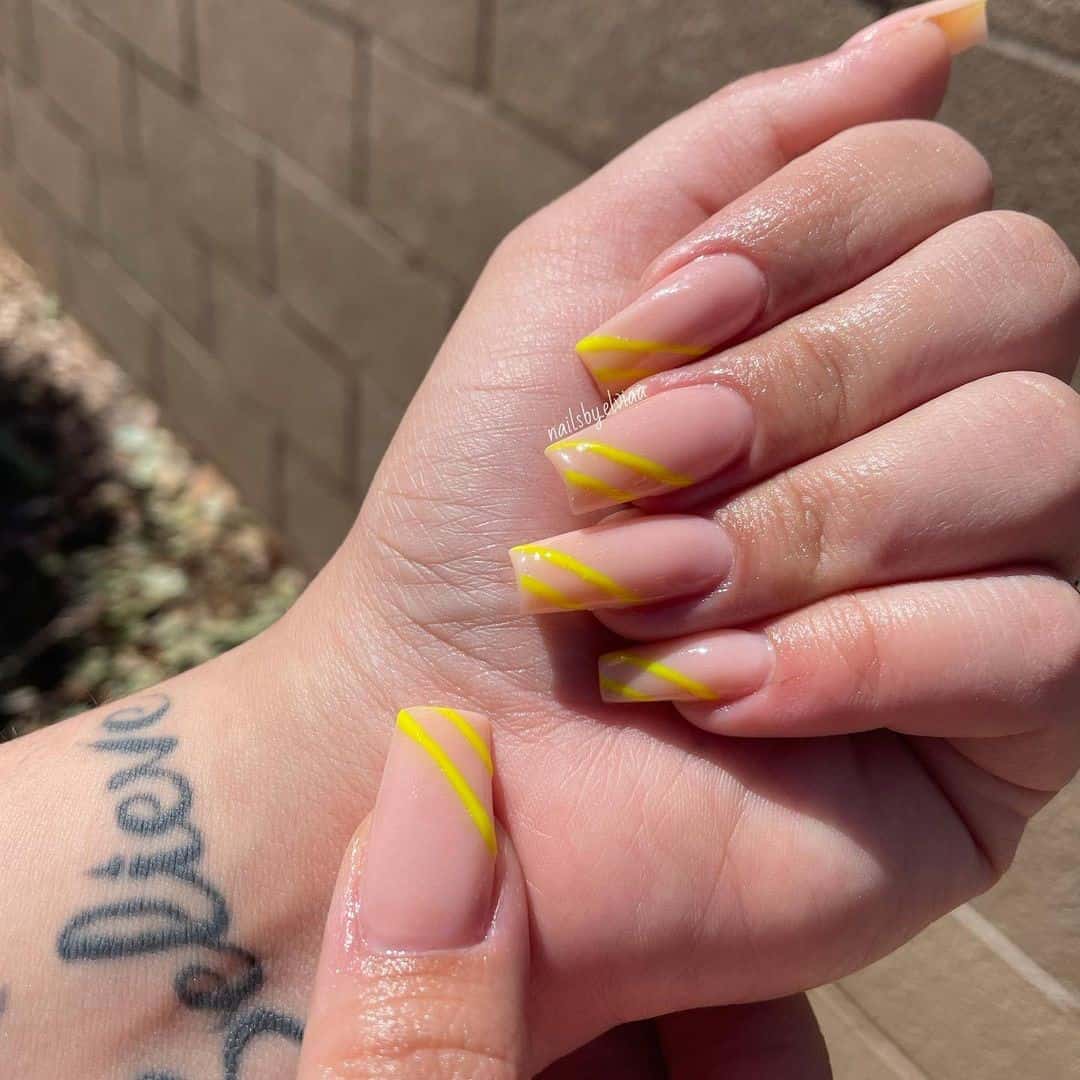 Top 30 Creative Nail Designs With Lines (Short And Long) 30 Long Yellow Nails With Cool Lines