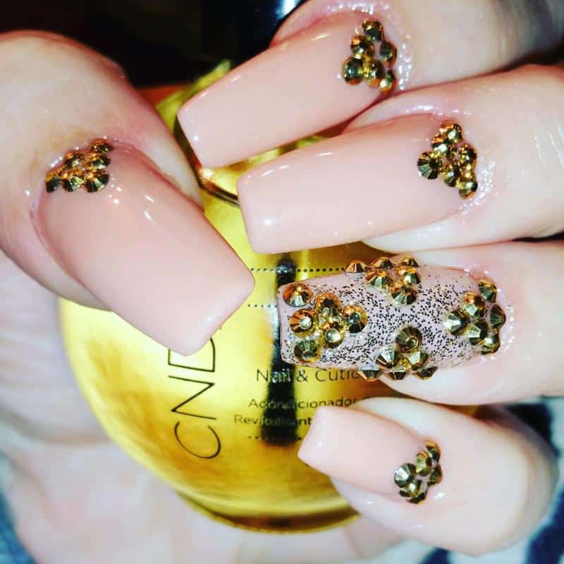 32 Elegant Nail Design With Rhinestones (2022 Version) 11 Nude Nails With Golden Rhinestones