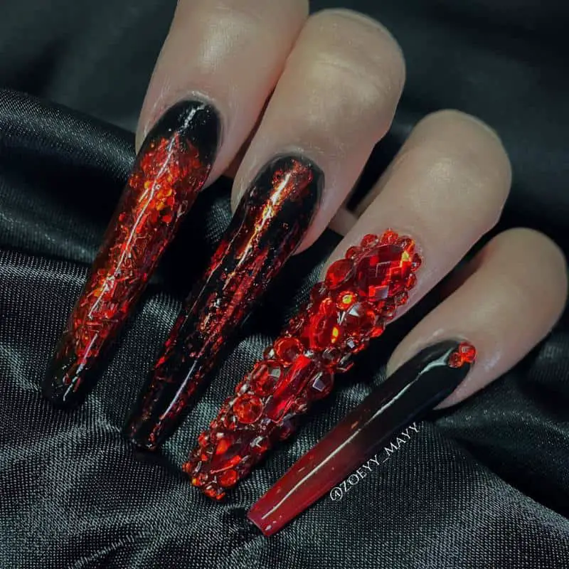 Red & Black Rhinestones Nails
