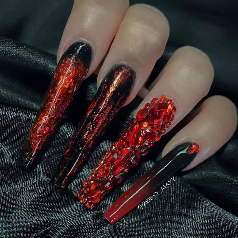 32 Elegant Nail Design With Rhinestones (2022 Version) 27 Red & Black Rhinestones Nails