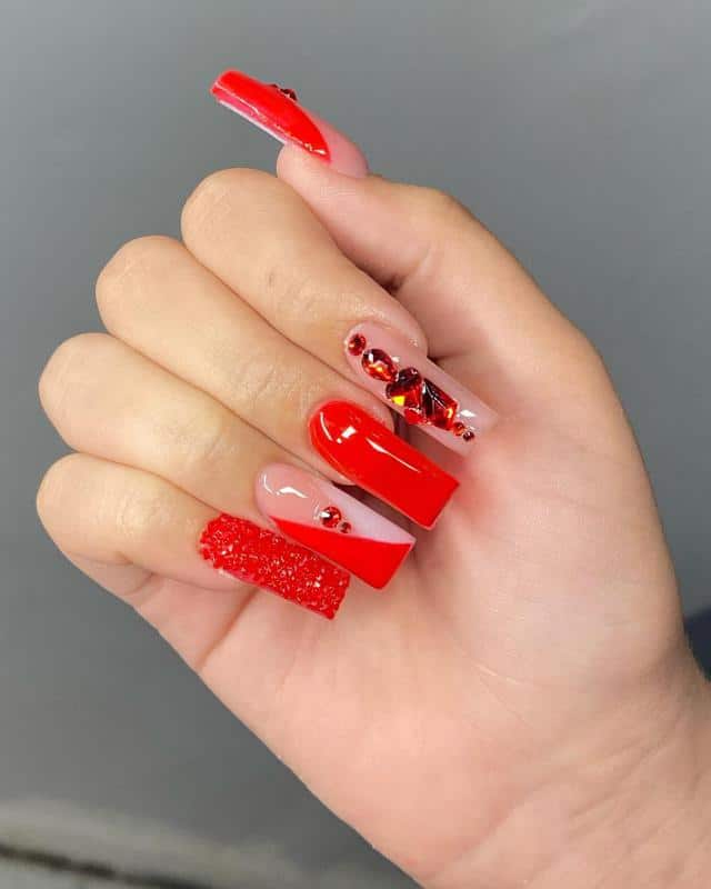 Red Rhinestones Nails