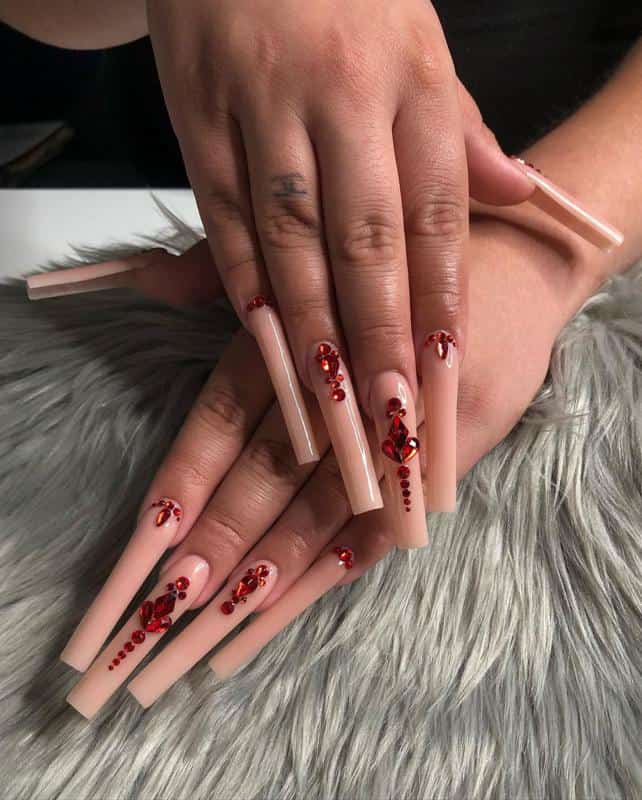 Red Rhinestones On Nude Nails