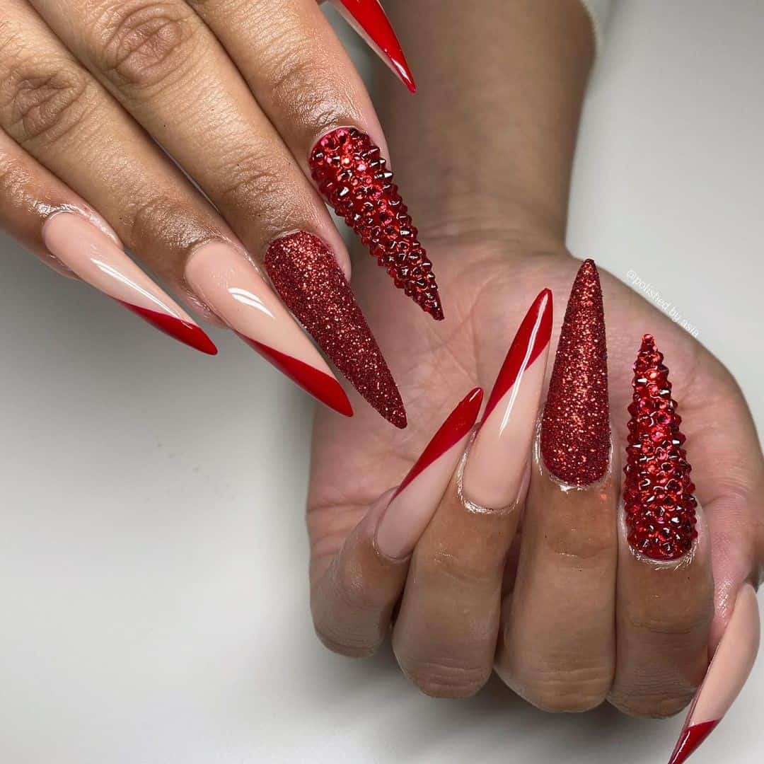 Acrylic Red Manicure With Glitter