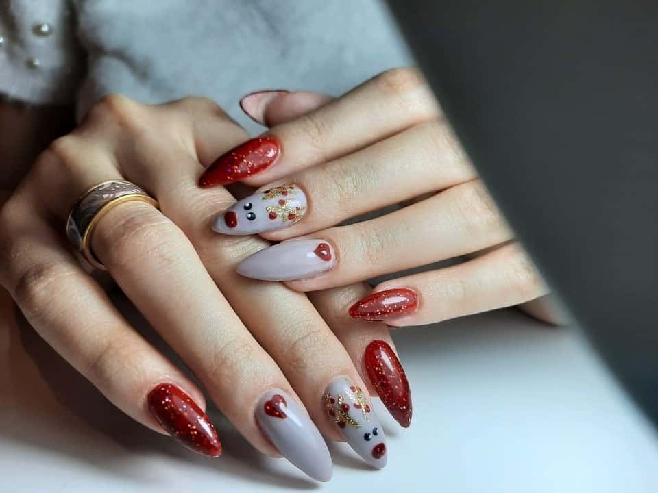 Almond Grey & Red Christmas Nails