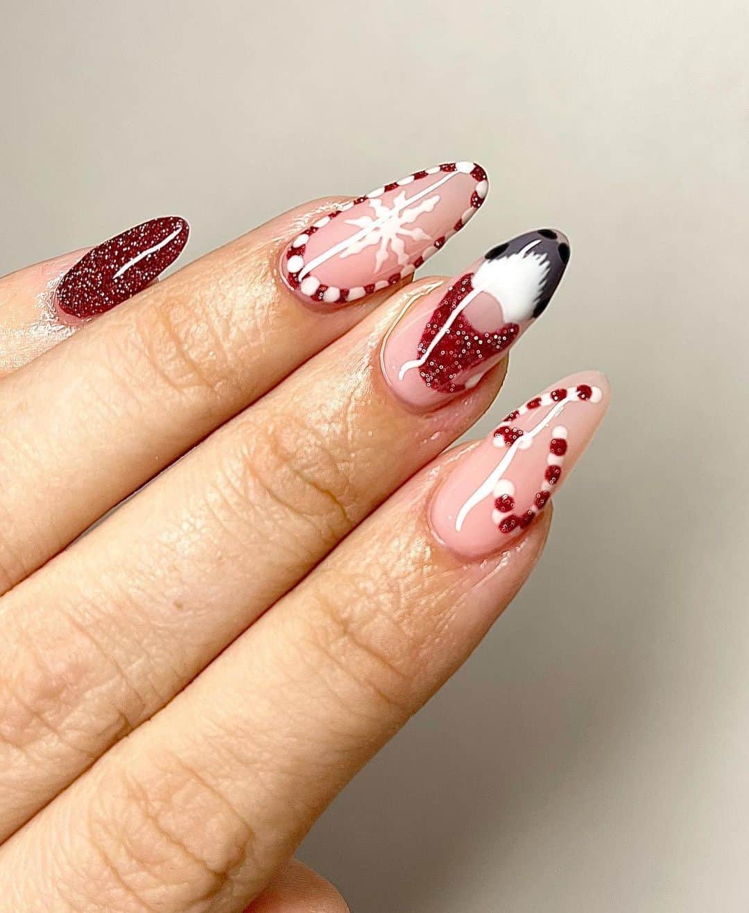 Almond Red Christmas Nail Design With Details