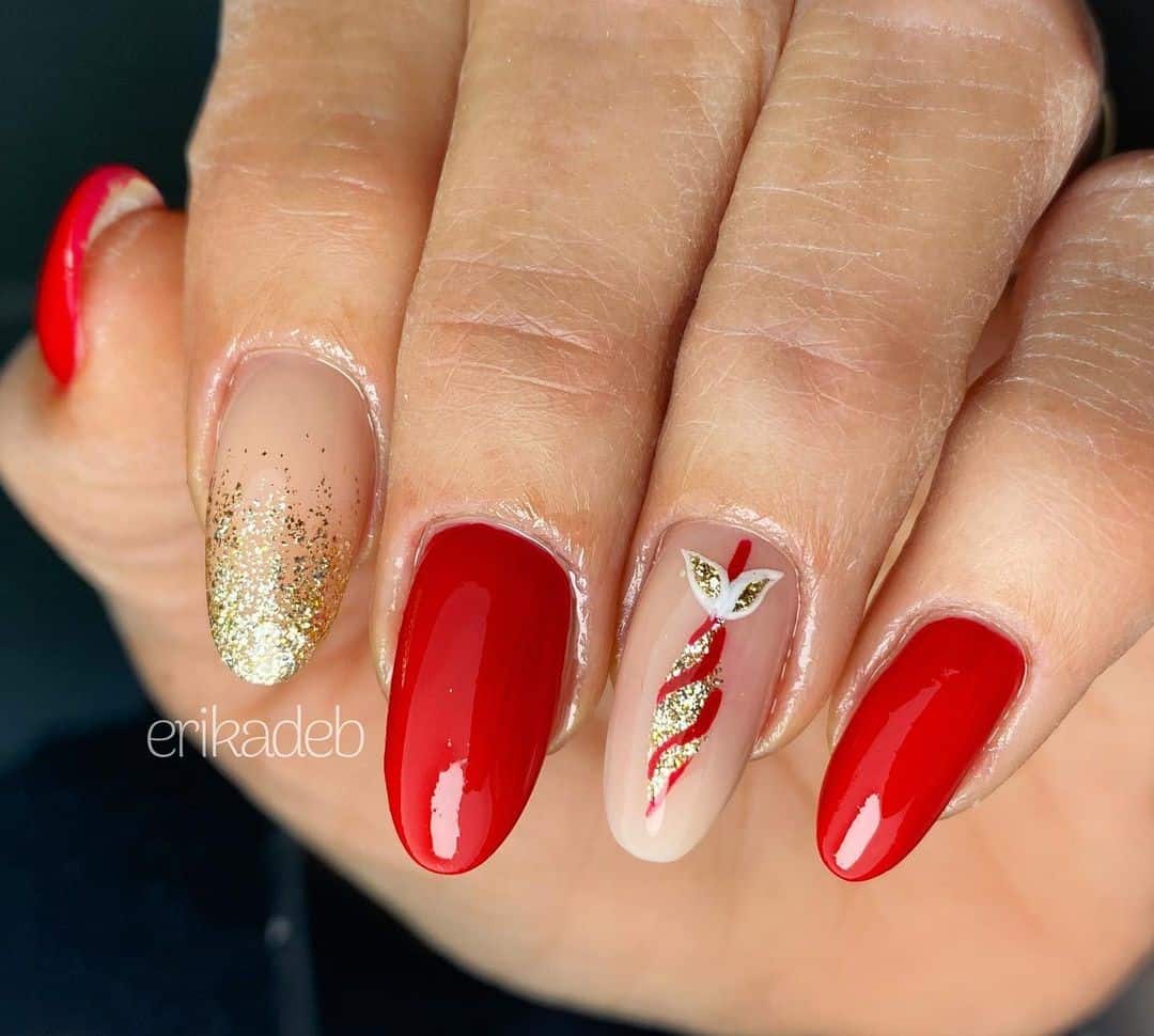 Almond Red Christmas Nails With Stickers