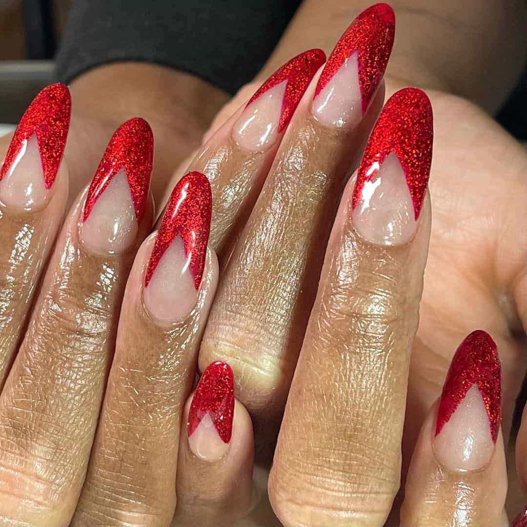 35 Elegant Christmas Acrylic Nail Design Ideas 2022 25 Almond Red Glitter French Manicure