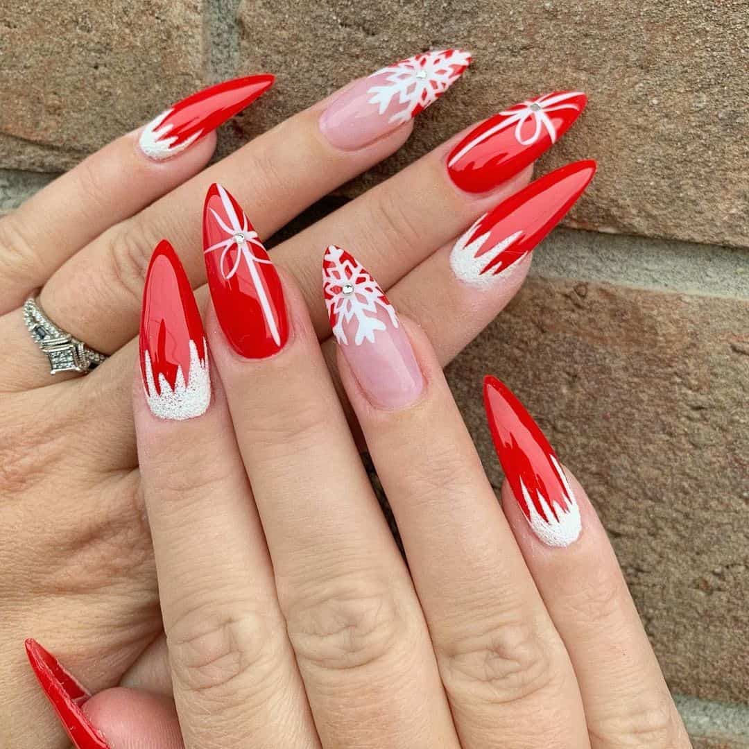 Top 33 Sweet Snowflake Nail Design Ideas For Winter 23 Bright Red Oval Manicure