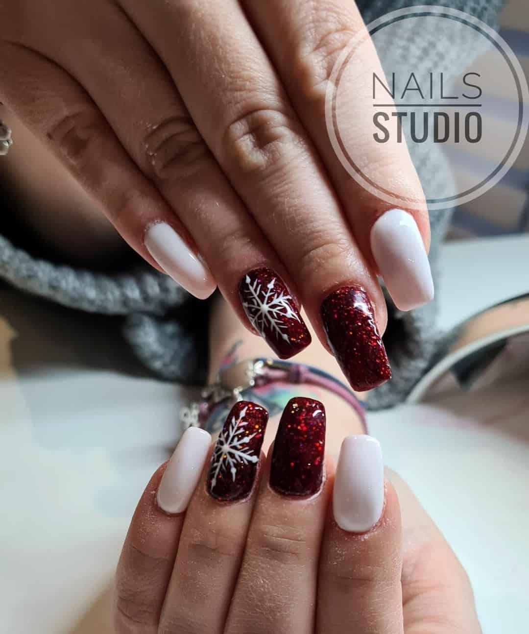 Burgundy & White Snowflake Nails