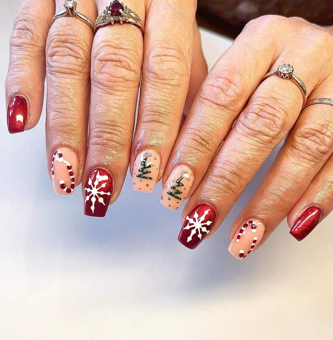 Christmas Red Nails With Stickers