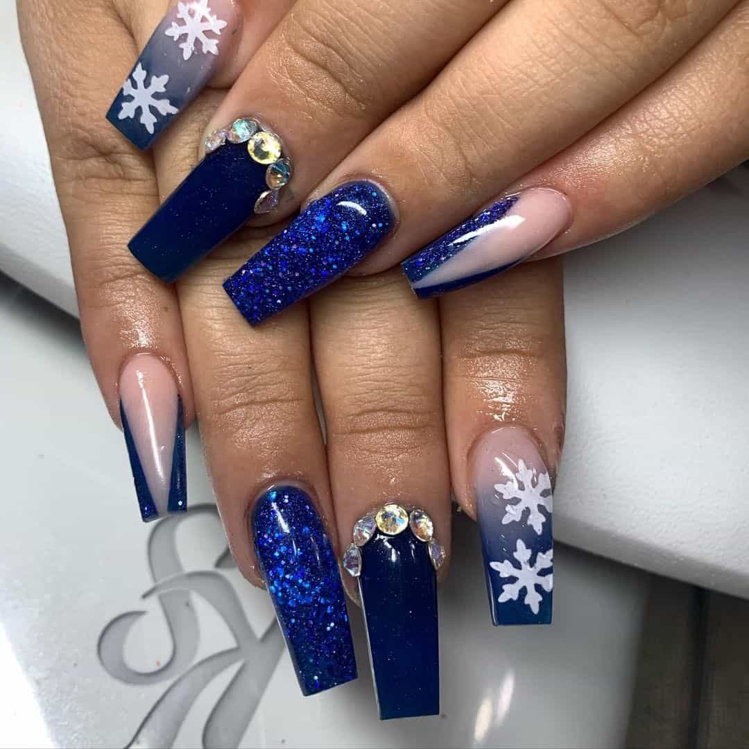 Coffin Dark Blue Manicure With Gold