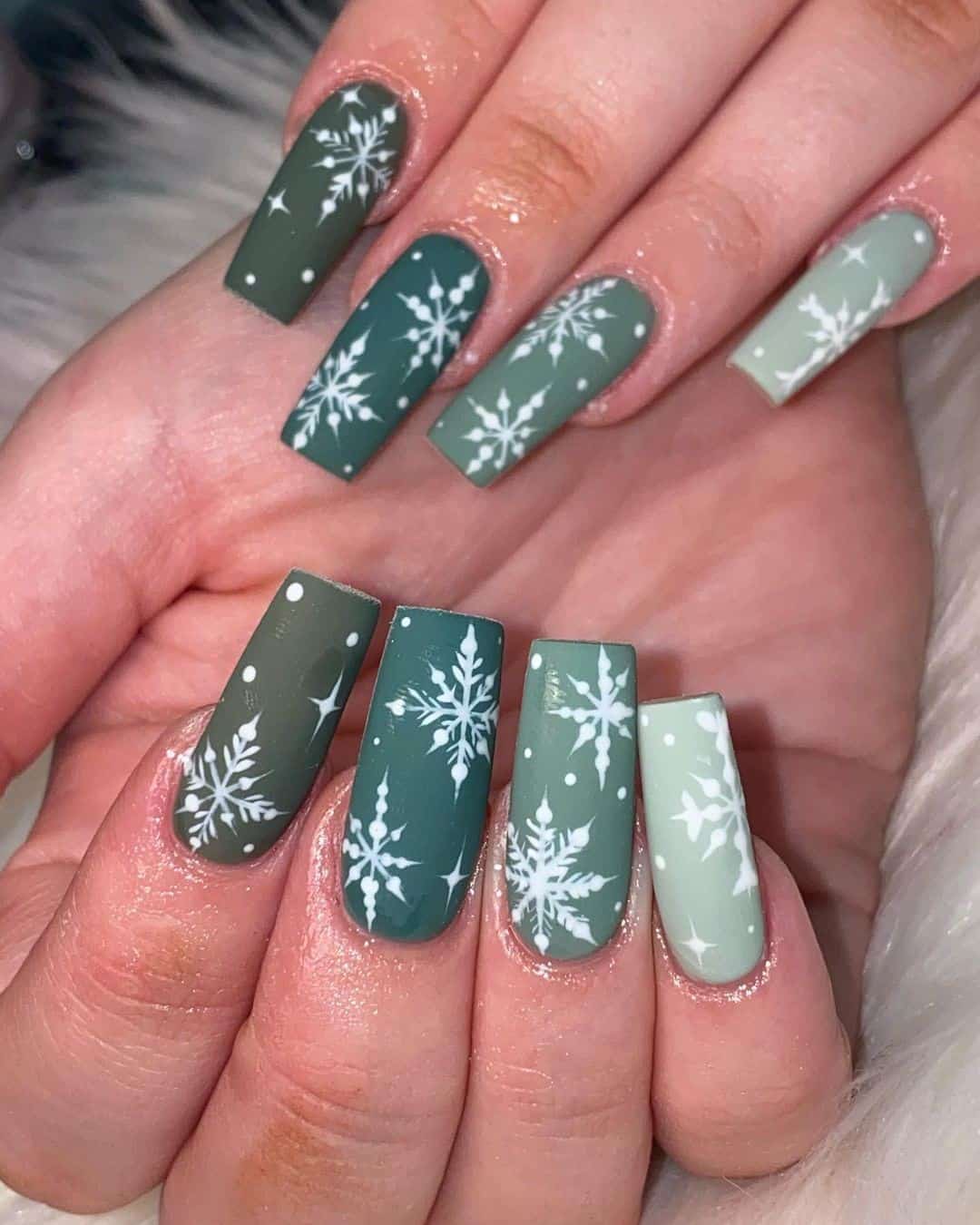 Coffin Green Nails With Snowflake Details