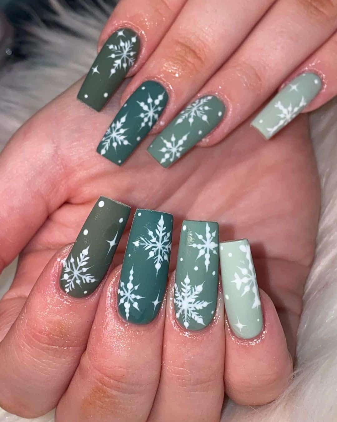 Top 33 Sweet Snowflake Nail Design Ideas For Winter 13 Coffin Green Nails With Snowflake Details