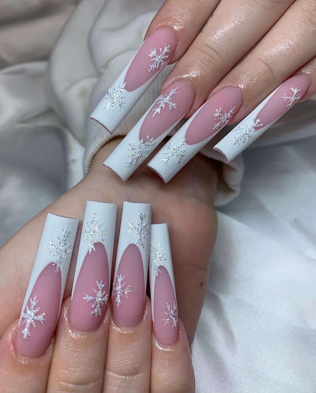 Coffin Long Acrylic Snowflake Nails