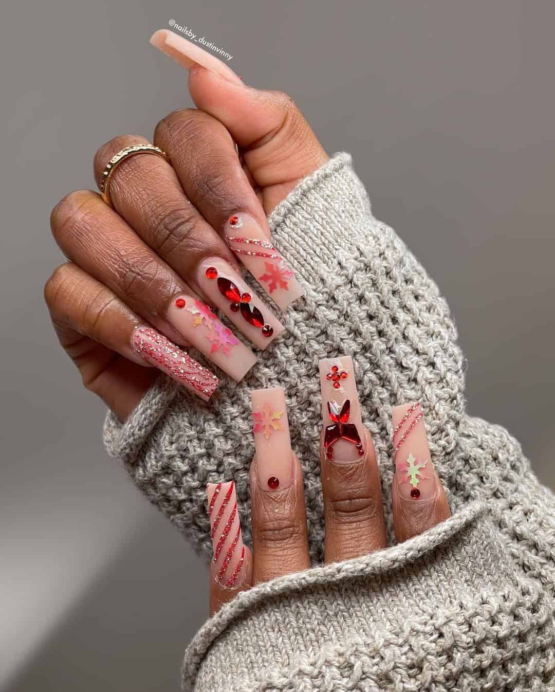 Coffin Red Christmas Acrylic Nail Design
