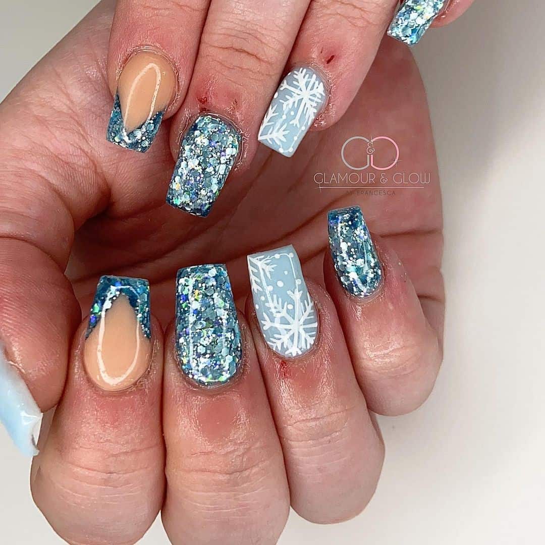 Coffin Short Blue Christmas Nails