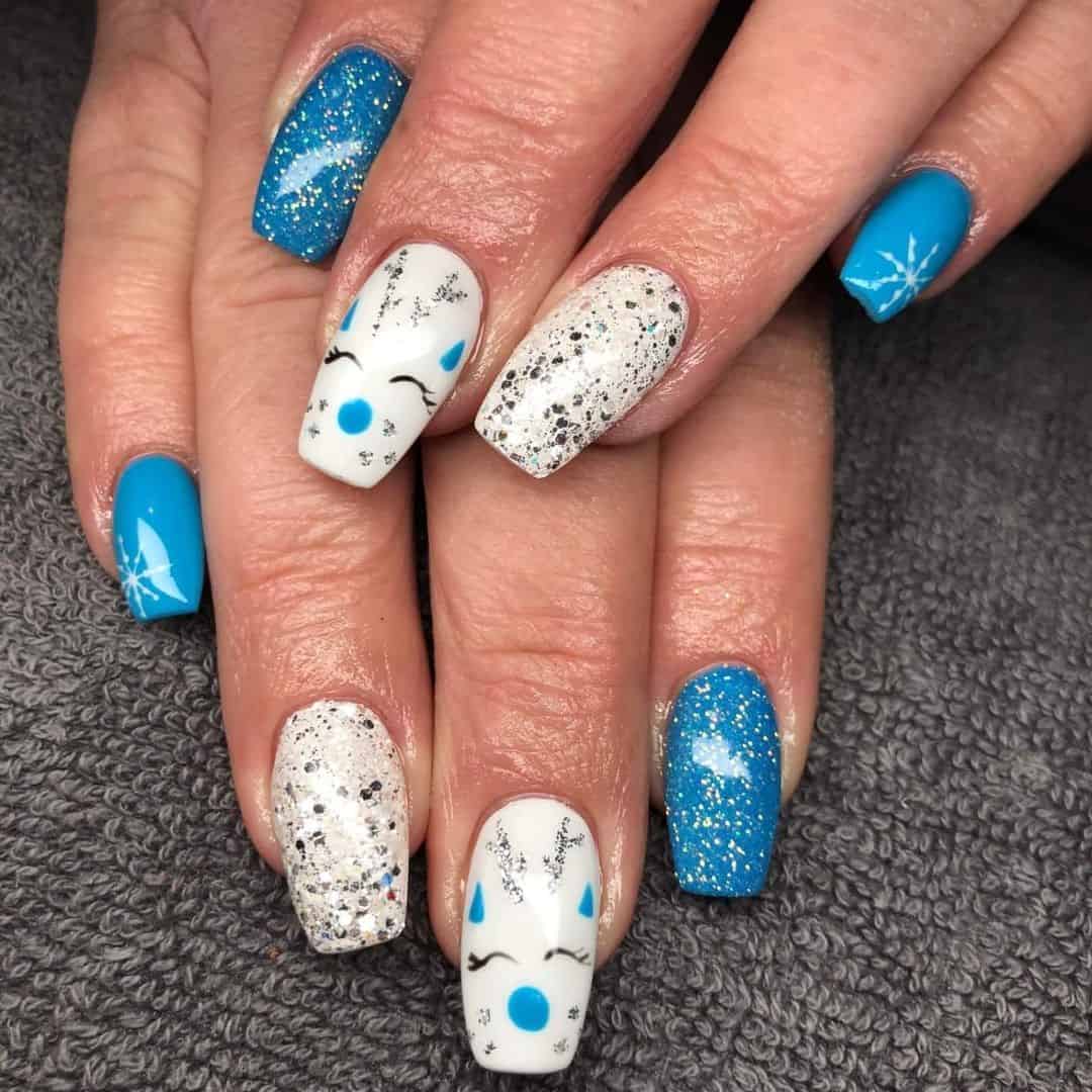 Coffin White & Blue Christmas Nails