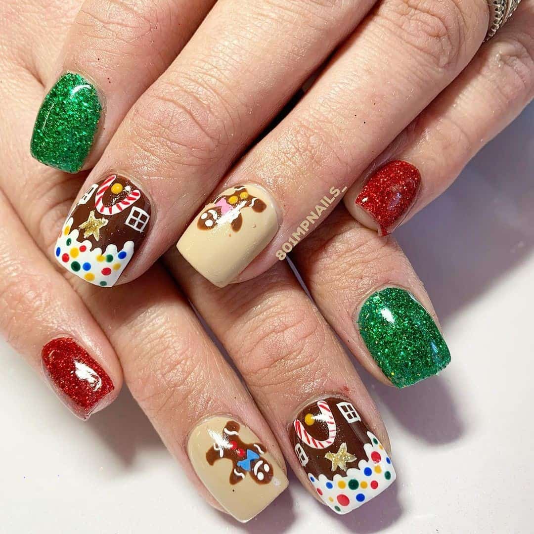 Top 31 Gorgeous Short Christmas Nail Design Ideas 17 Colorful Stickers Christmas Nails
