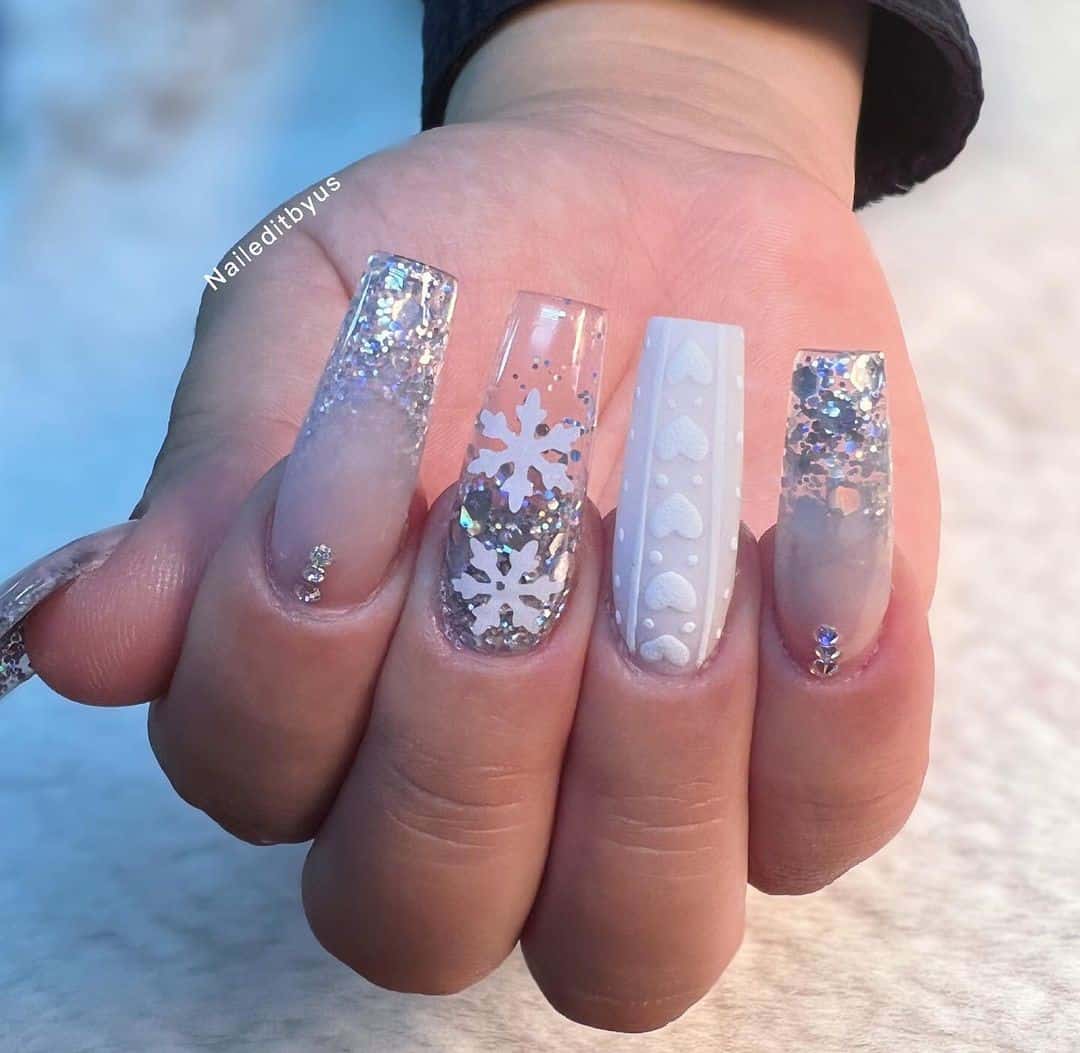 35 Elegant Christmas Acrylic Nail Design Ideas 2022 15 Crystal Clear White & Nude Christmas Acrylic Nails
