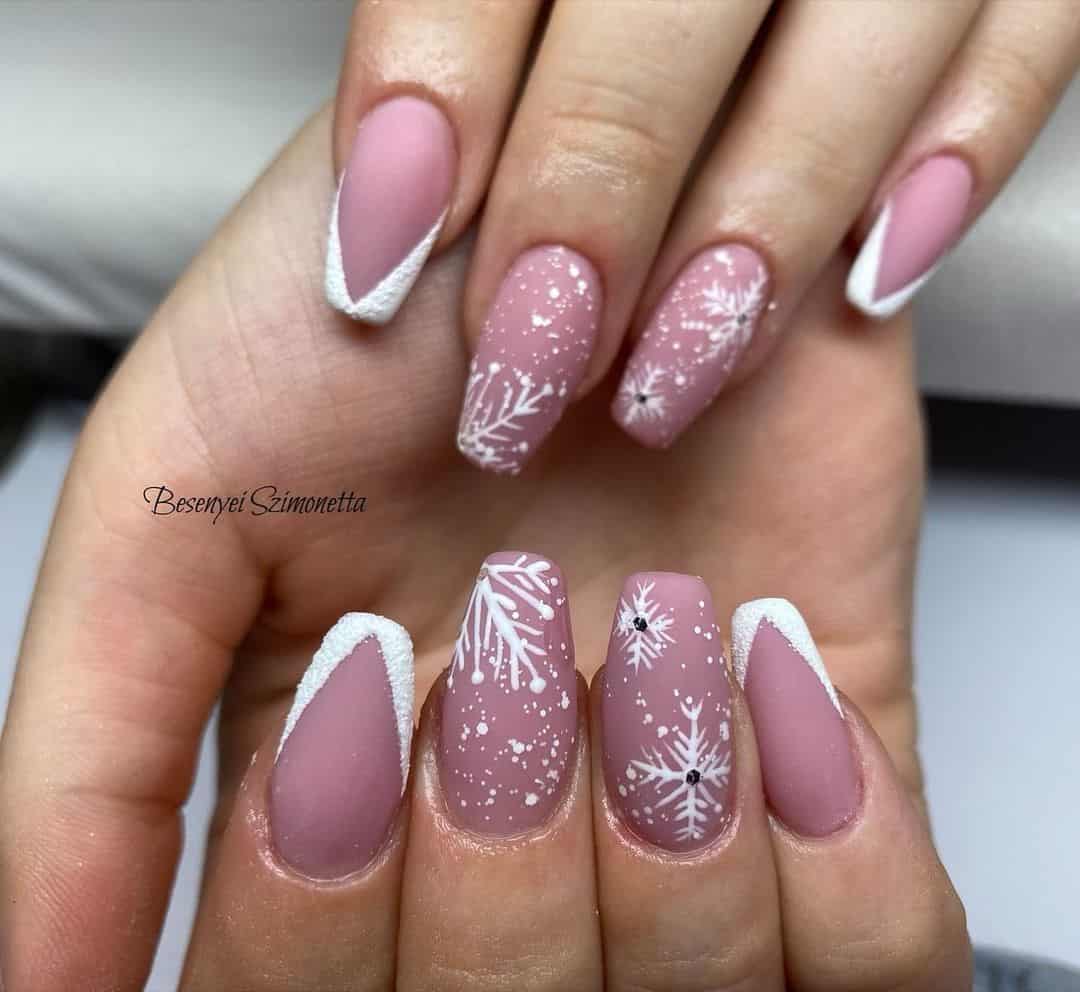Feminine French Nails With A Snowflake